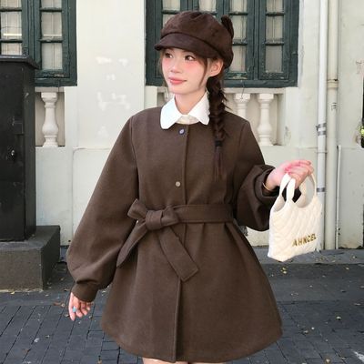 秋冬厚款毛呢连衣裙女灯笼袖圆领系带高级感小个子呢子外套大衣