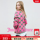 Juicy 含绵羊毛 Couture橘滋外套女玫红撞色提花休闲针织开衫
