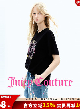 Juicy Couture橘滋T恤女26夏季新款黑色彩钻花卉印花圆领短袖上衣