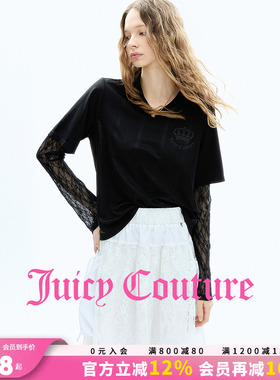 Juicy Couture橘滋T恤女26春夏新款黑色蕾丝拼接假两件长袖上衣