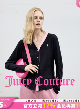 Juicy Couture橘滋针织衫女撞色拼接V领黑色开衫气质毛衣上衣