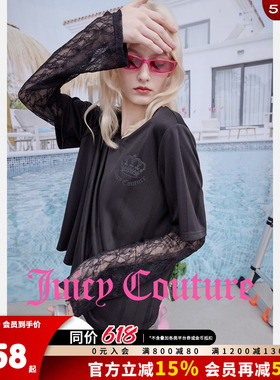 Juicy Couture橘滋T恤女26春夏新款黑色蕾丝拼接假两件长袖上衣