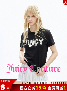 Juicy Couture橘滋T恤女26夏季新款黑色重工钉珠印花圆领短袖上衣