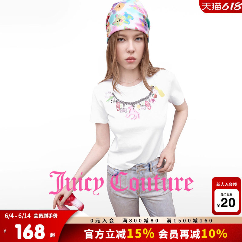 Juicy Couture橘滋T恤女26夏季新款3D印花弹力修身显瘦上衣白短袖