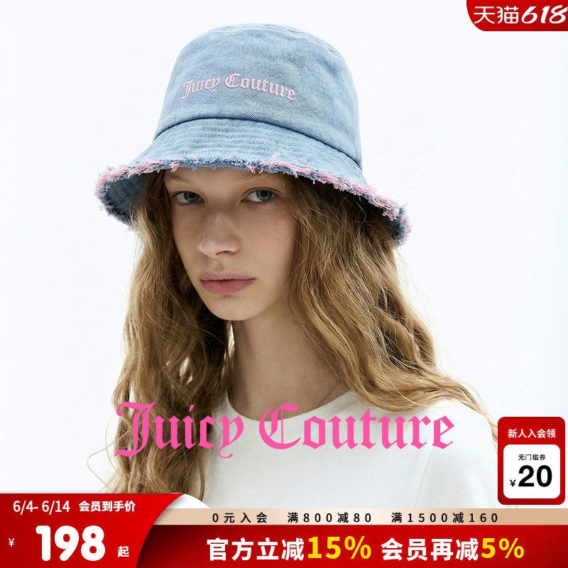 Juicy Couture橘滋帽子女26夏季新款撞色刺绣水洗牛仔毛边渔夫帽