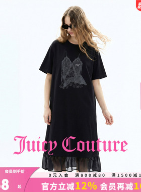 Juicy Couture橘滋连衣裙女26夏季新款黑色蕾丝印花宽松T恤中长裙