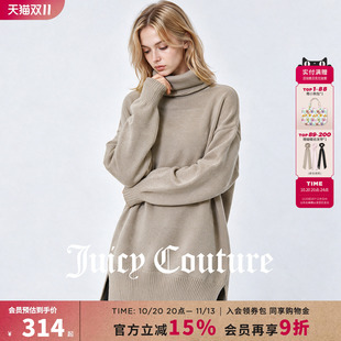 Juicy Couture橘滋开叉高领长袖套头针织衫女秋季宽松中长款上衣