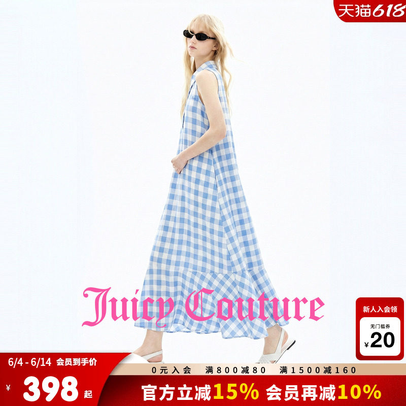 Juicy Couture橘滋连衣裙女26夏季新款蓝色格纹翻领无袖衬衫长裙