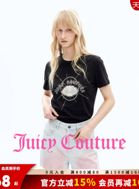 Juicy Couture橘滋T恤女26夏季新款黑色印花烫钻钉珠圆领短袖上衣