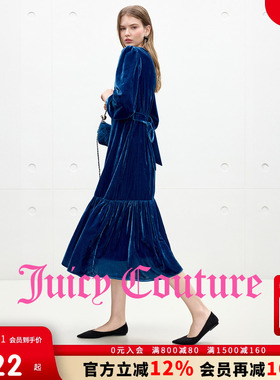 Juicy Couture橘滋连衣裙女蓝色高级缎光丝绒长袖收腰系带长裙