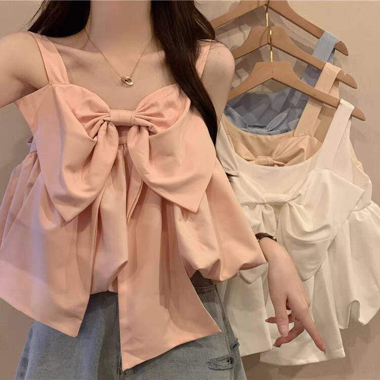 粉色蝴蝶结吊带背心女夏无袖外穿美背坎肩遮副乳娃娃衫多巴胺上衣