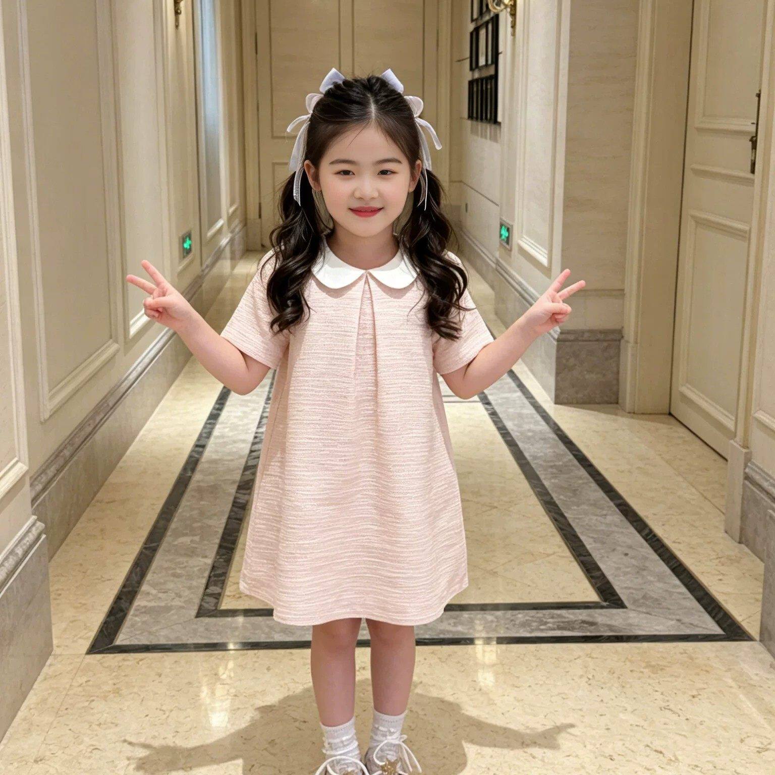 甜美千金风女童娃娃领短袖洋装2026夏季新款粉色休闲度假公主裙