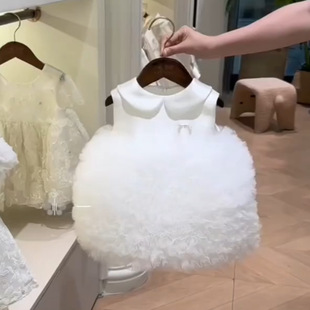 女童白色公主风蛋糕蓬蓬裙2026新款儿童周岁生日礼服裙长袖连衣裙