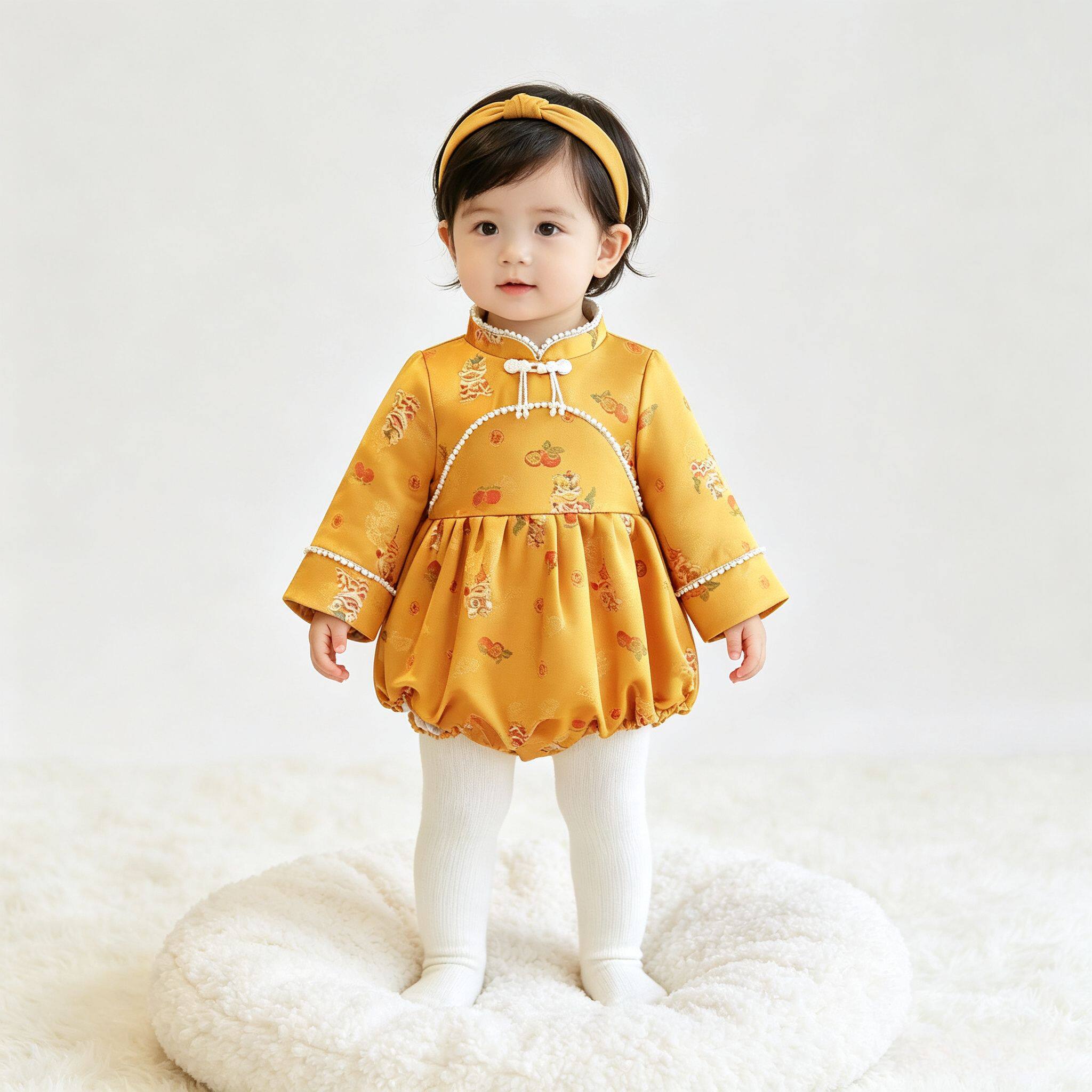 新中式婴幼儿橙色连身哈衣女宝宝秋冬新款长袖唐装爬服周岁宴礼服