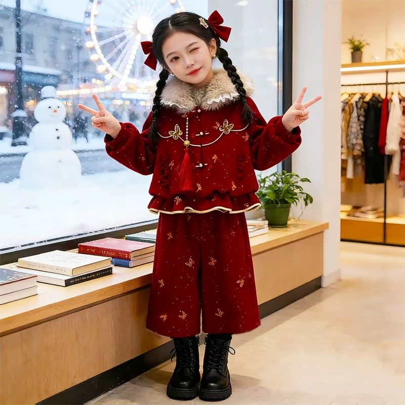 2026新款女童红色加绒两件套冬季毛领刺绣长裙洋气加厚新年拜年服