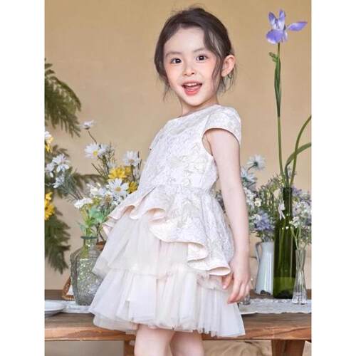 杏色绝美女童宝宝A字连衣裙夏季新款儿童生日洋气拼接网纱公主裙