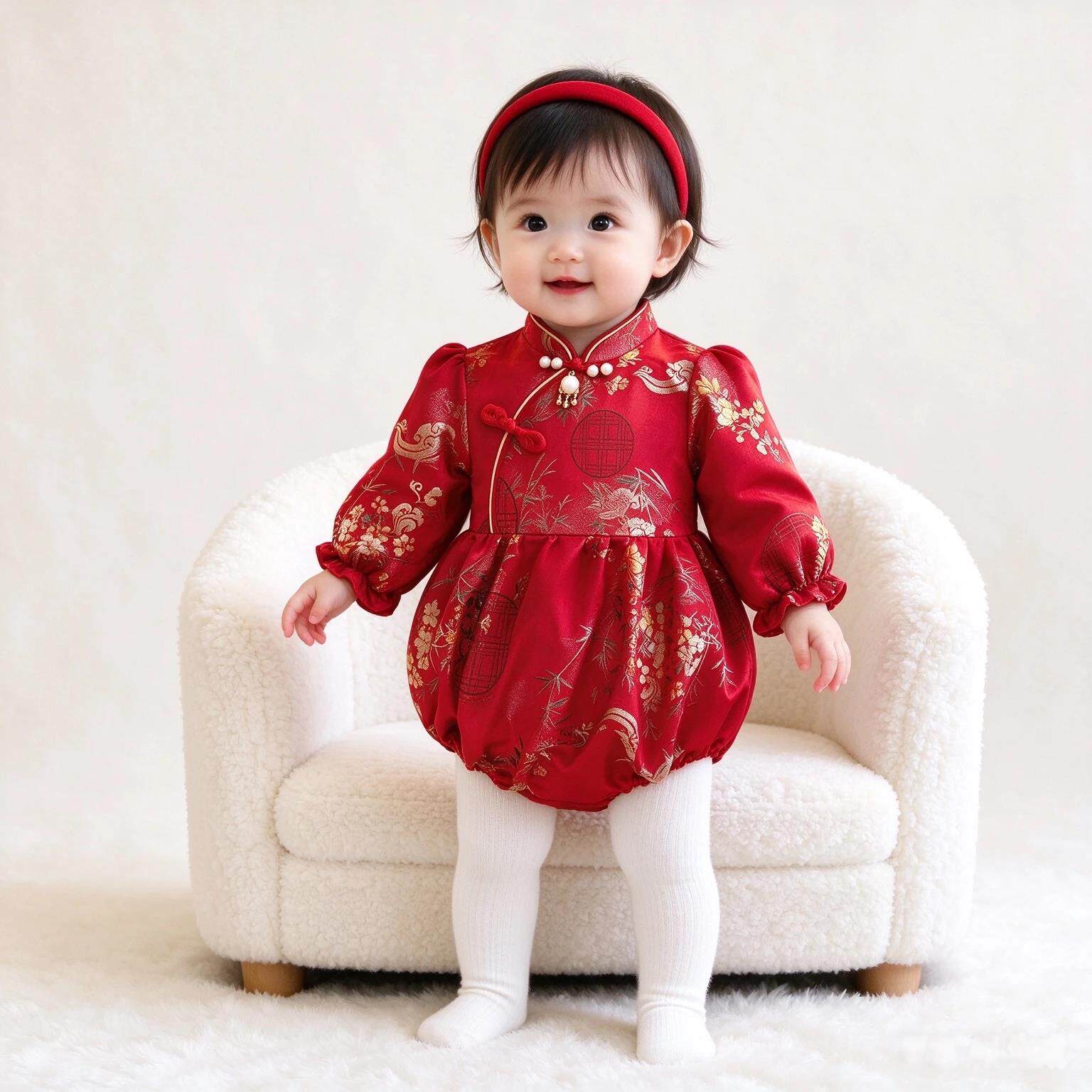 中国风女宝宝红色连身衣秋冬长袖包屁衣提花图案周岁礼服哈衣爬服