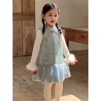 女童套装生日礼服旗袍裙子儿童加绒新中式新年拜年服迪士尼公主裙