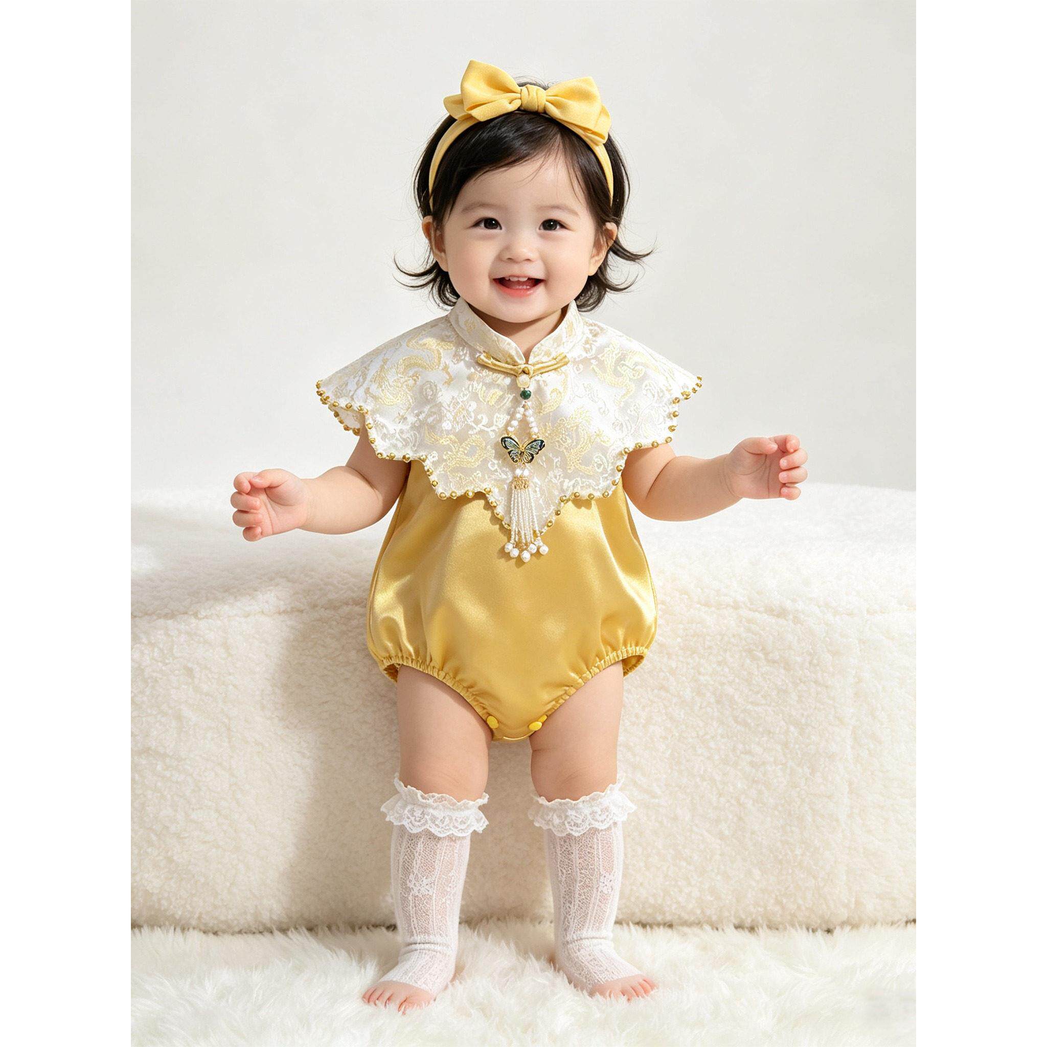 女宝宝黄色蝴蝶吊坠连体哈衣新款唐装婴幼儿满月百天周岁礼服爬服