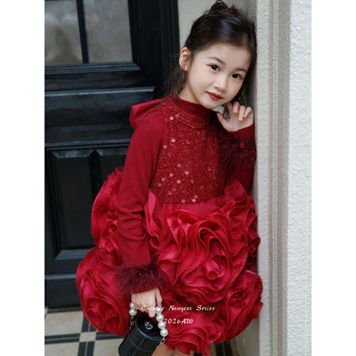 女童过新年战袍拜年服儿童玫瑰花瓣白色生日礼服加绒迪士尼公主裙