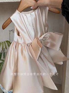 女童公主裙背心裙春夏儿童百天周岁礼服蝴蝶结花苞裙香槟色连衣裙