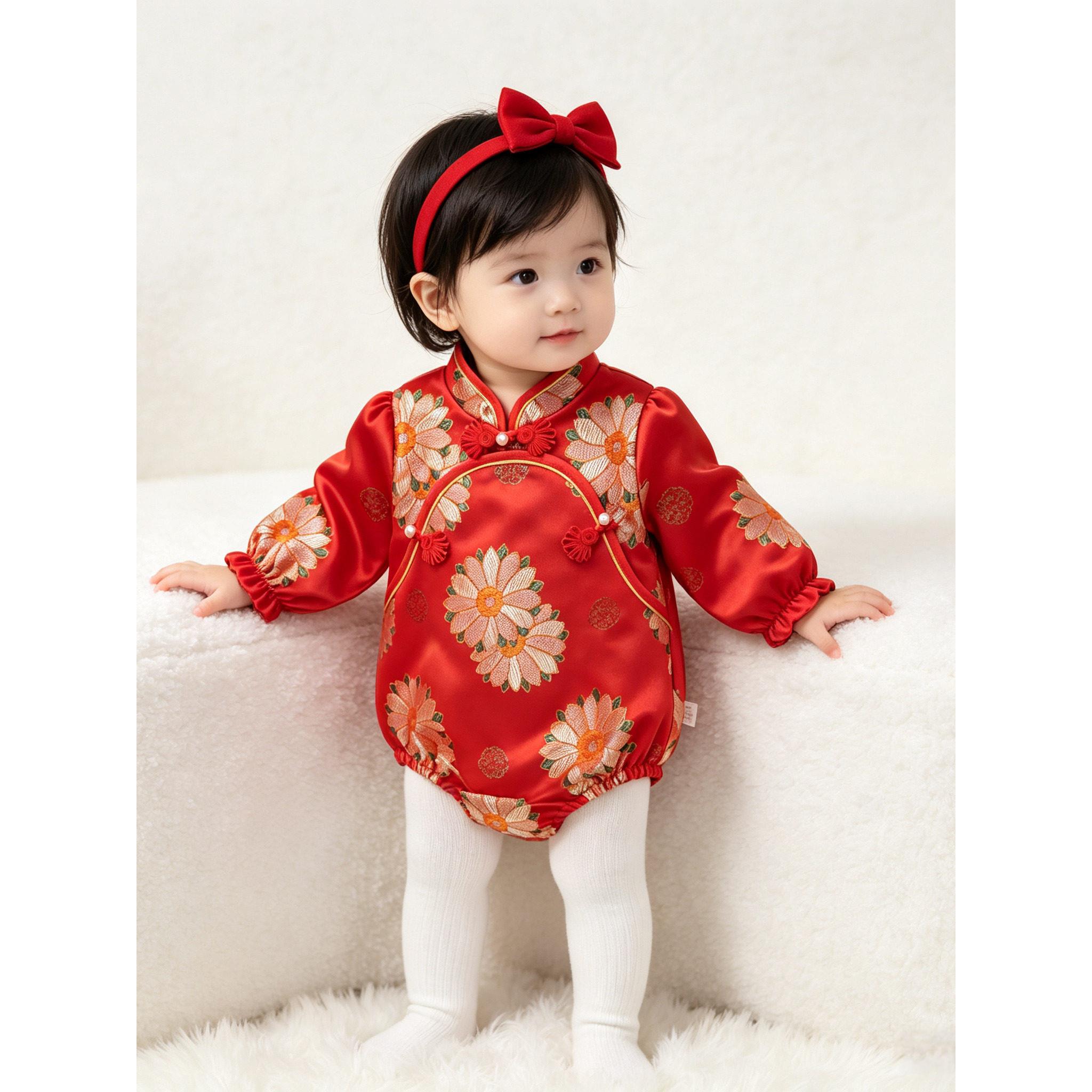 新中式婴幼儿红色连身哈衣女宝宝满月周岁礼服秋季长袖唐装包屁衣