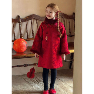 女童红色过新年战袍穿搭拜年服儿童新中式国风旗袍裙迪士尼公主裙