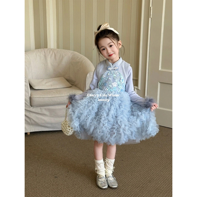 女童冬套装生日礼服迪士尼公主裙儿童蓬蓬裙子新中式过新年拜年服