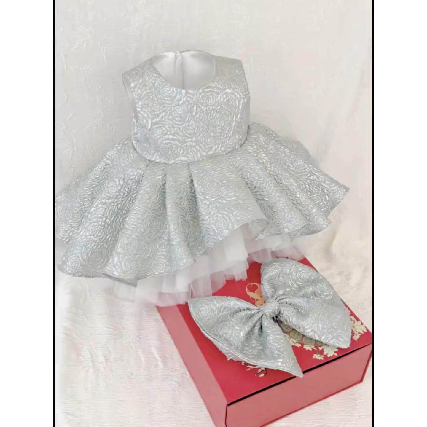 高端女童蓝色连衣裙儿童生日礼服无袖蝴蝶结蓬蓬裙宴会服公主裙子
