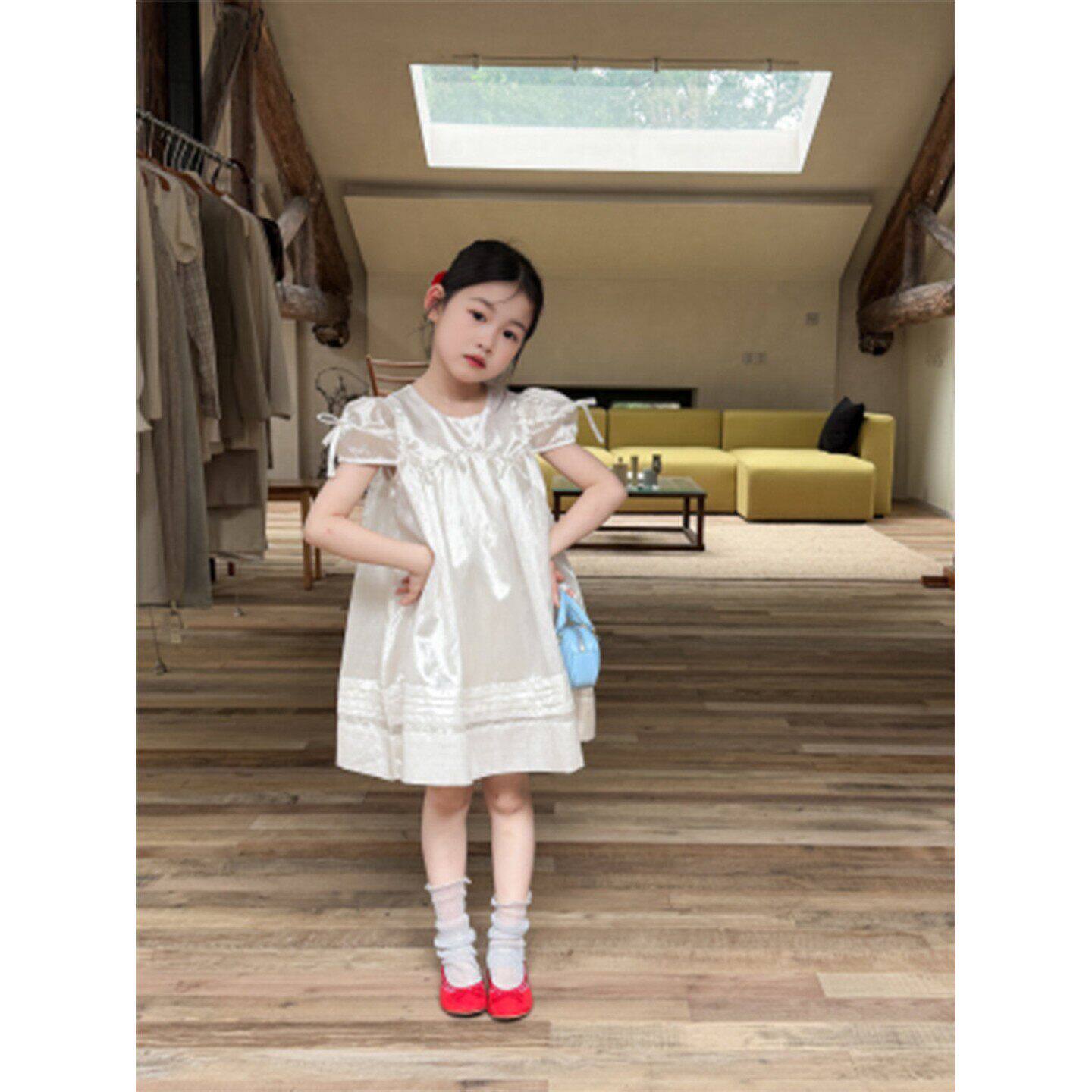 女童生日礼服裙子儿童套装缎面泡泡袖杏色洋装小女孩绝美公主裙夏