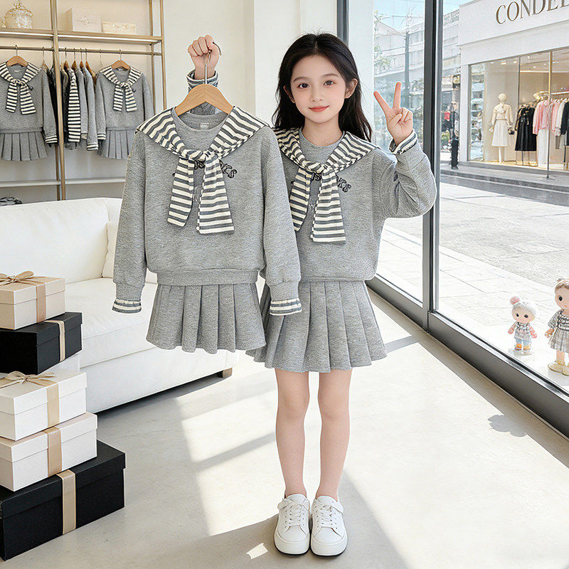 女童洋气披肩卫衣套装春秋2026新款儿童春装大童时髦百褶裙三件套