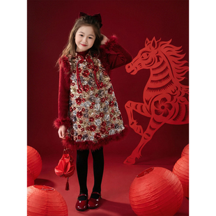 女童冬套装红色过新年拜年服儿童加绒生日礼服背心裙迪士尼公主裙