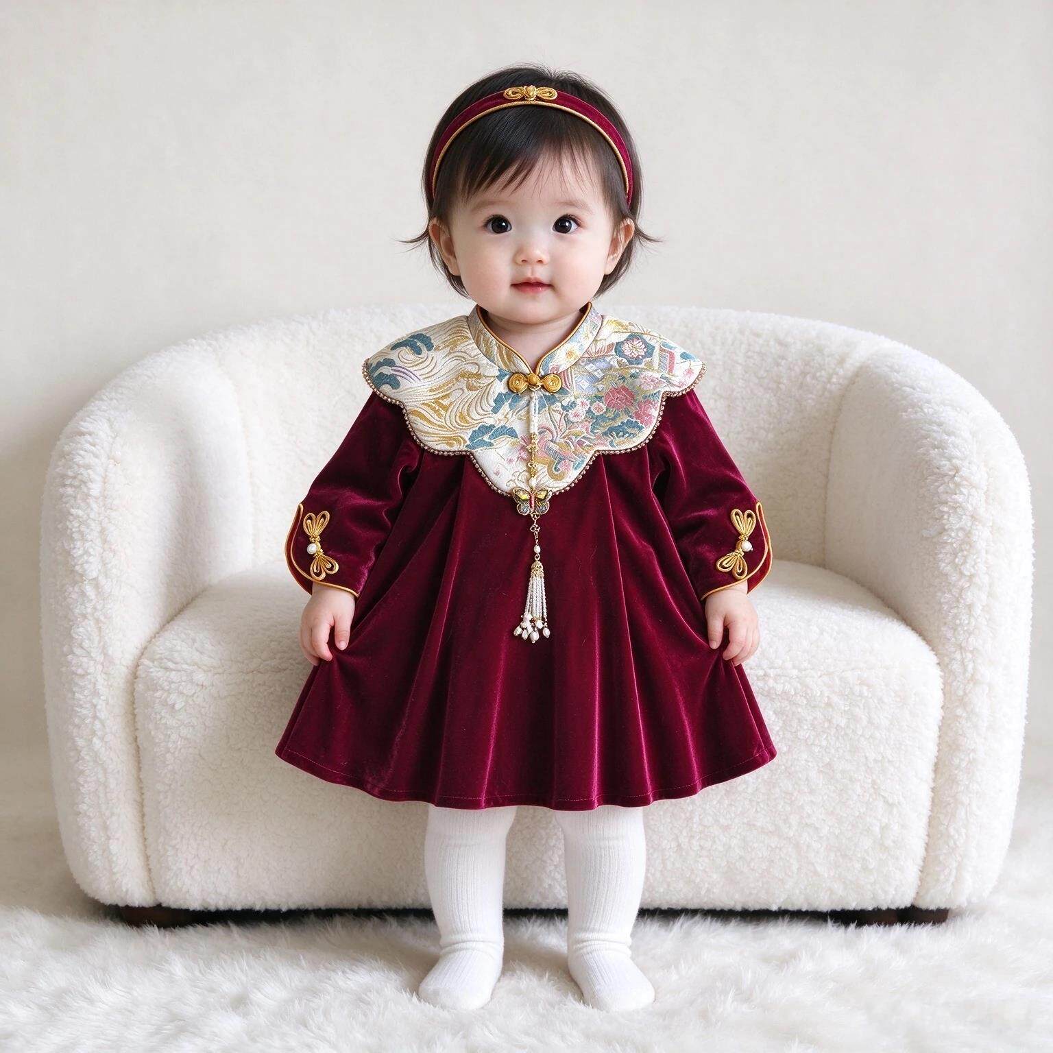 女宝宝酒红丝绒国风云肩连衣裙秋冬婴幼儿织锦流苏旗袍周岁宴礼服