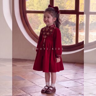 女童红色连衣裙秋冬款2026拜年服加绒加厚中国风过年女宝喜庆裙子