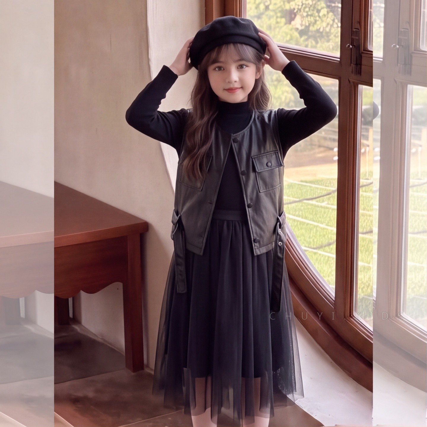 女童秋皮马甲裙子套装2026新款女