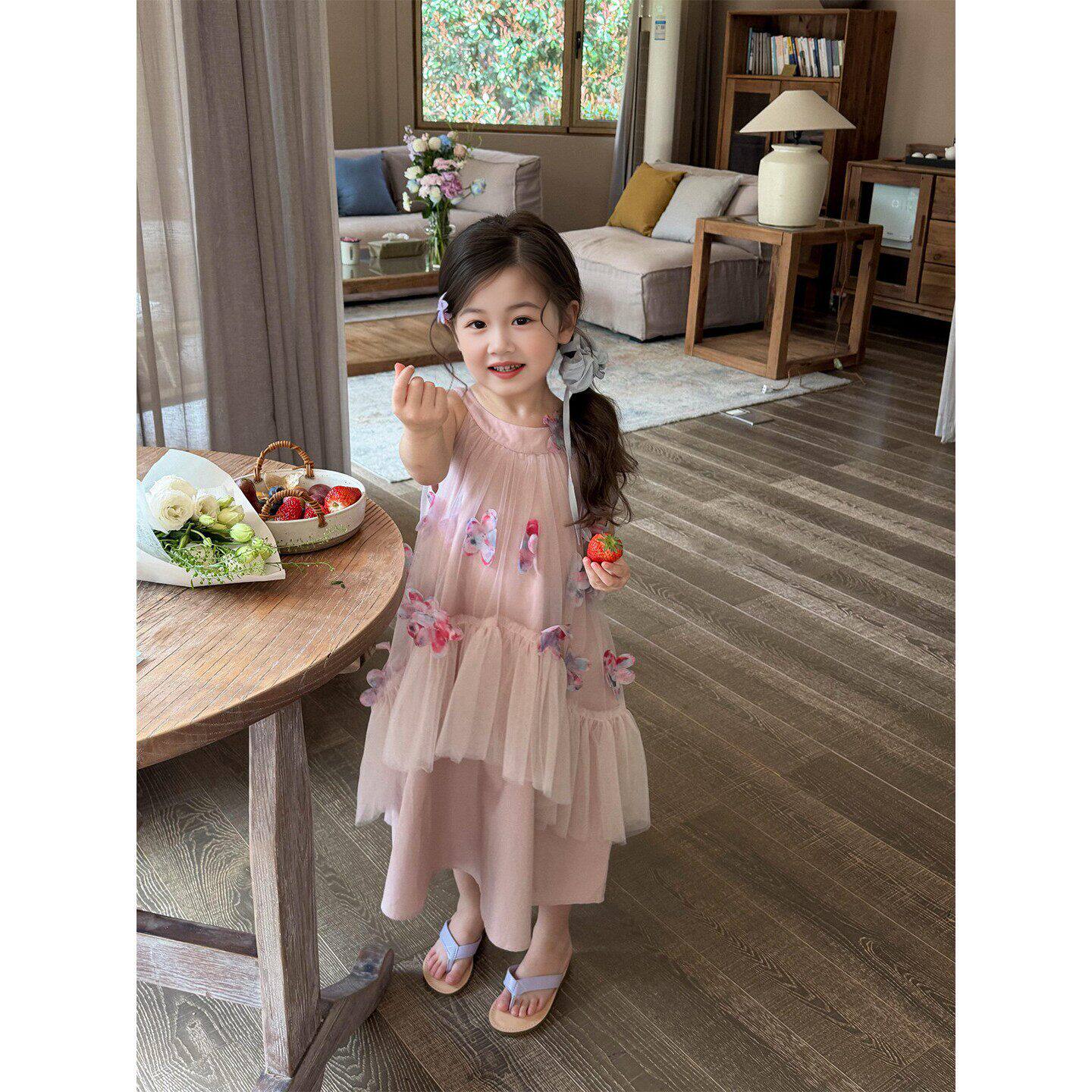女童生日礼服裙子小女孩绝美网纱裙公主裙儿童粉色花朵挂颈洋装
