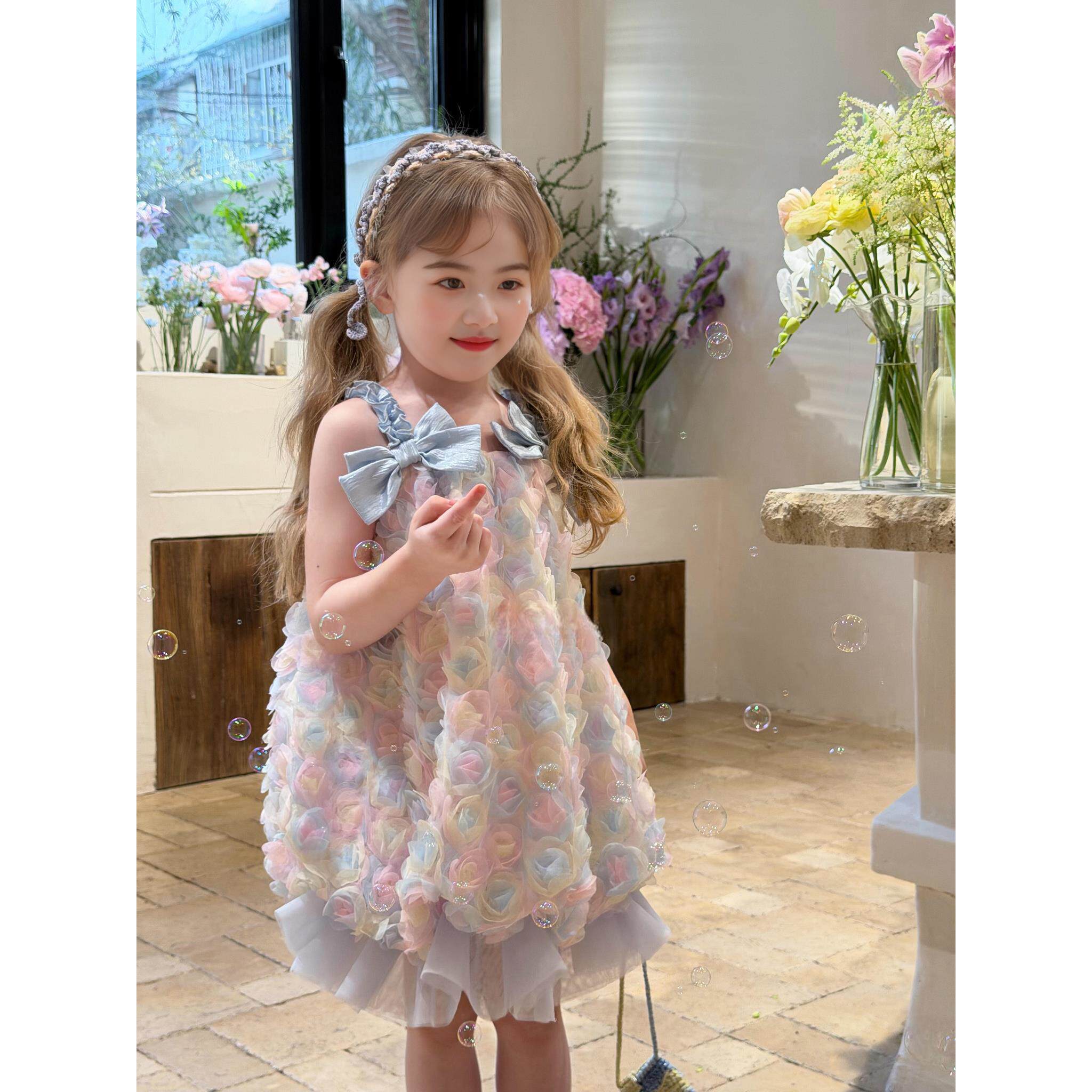 女童彩色网纱花苞裙儿童生日礼服夏装蝴蝶结吊带公主裙蓬蓬连衣裙