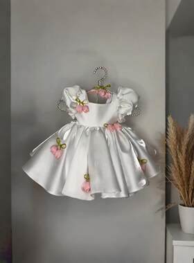 女童白色连衣裙女宝宝生日礼服郁金香花朵蓬蓬裙绑带泡泡袖公主裙