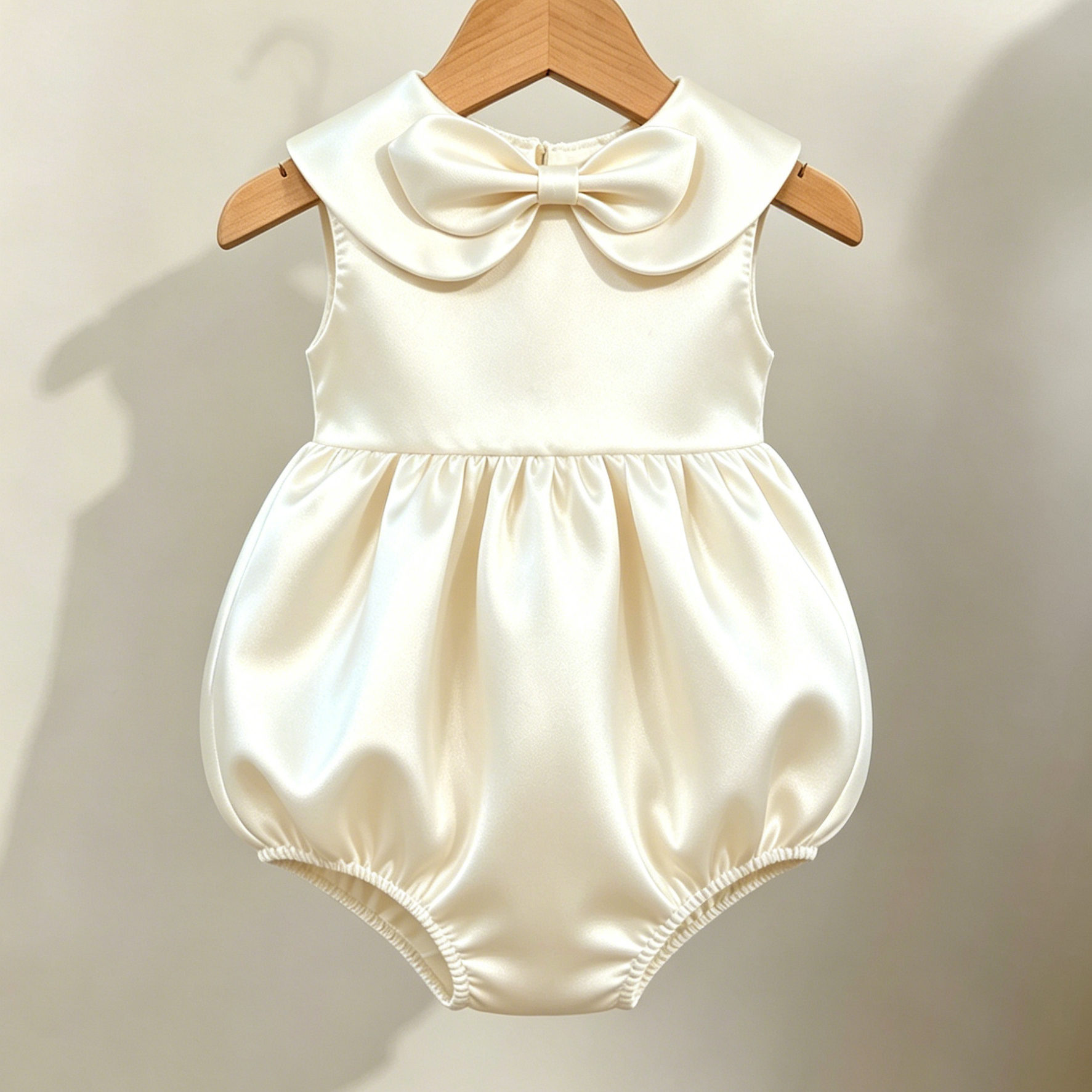 女童浅杏色连体哈衣女宝宝周岁生日礼服娃娃领蝴蝶结包屁衣爬爬服