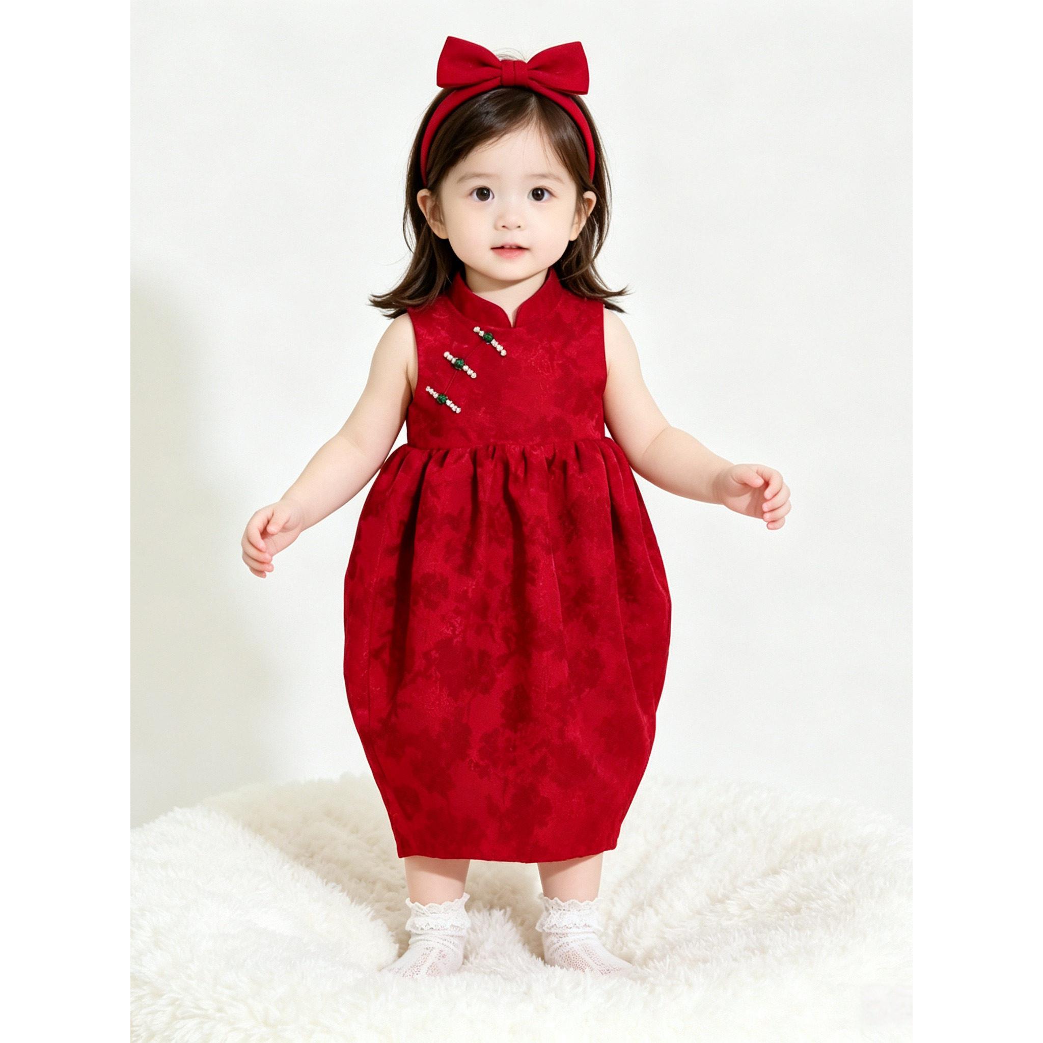 中国风女童红色连衣裙夏季女宝宝周岁生日礼服立领盘扣收腰花苞裙