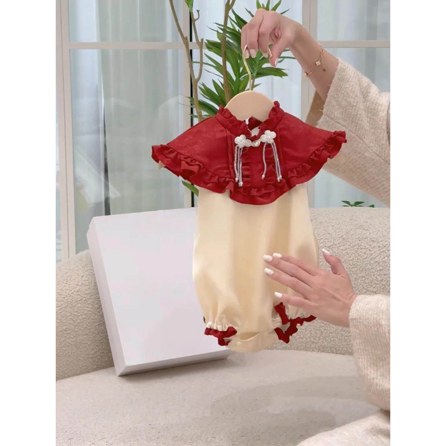 新中式红色花边连体衣女宝周岁礼服夏季中国风婴幼儿包屁衣爬行服