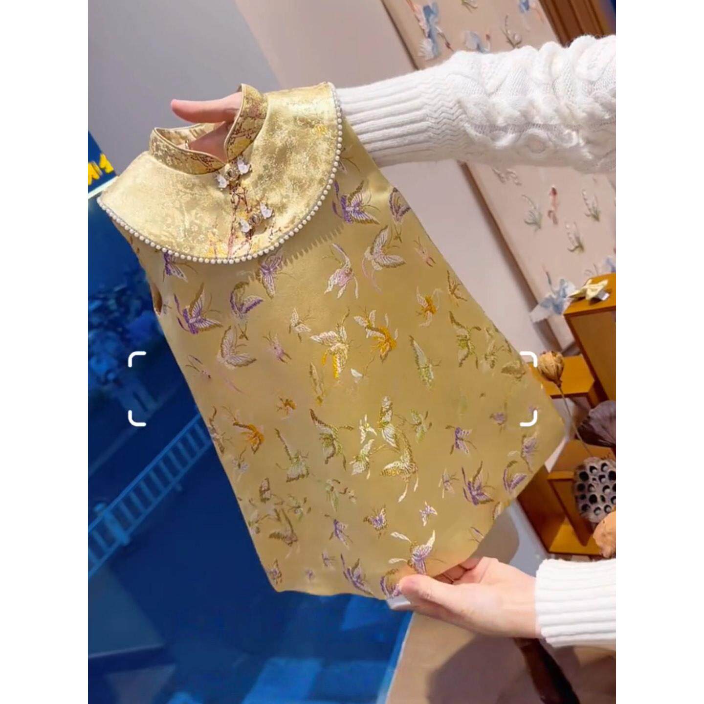 女童新中式风黄色提花连衣裙女宝宝立领盘扣旗袍裙国风背心公主裙