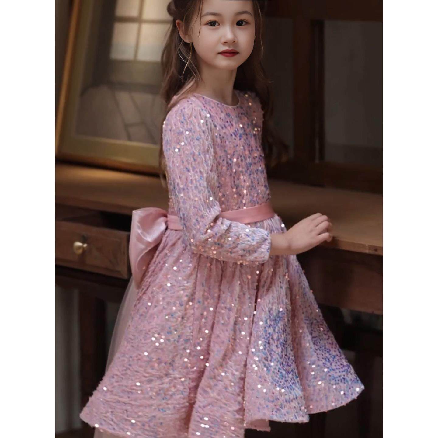 女童春装2026新款儿童生日礼服蝴蝶结珠片蓬蓬连衣裙迪士尼公主裙