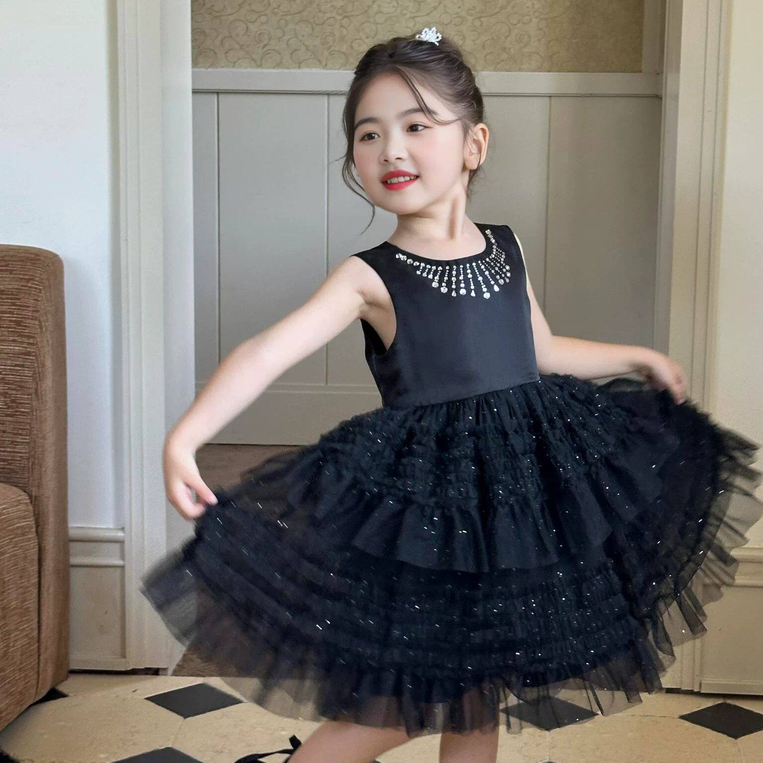 2026新款赫本风女童黑色烫钻亮片蓬蓬裙夏季网纱木耳花边小公主裙