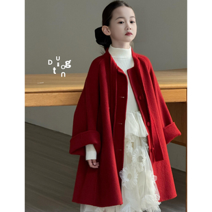 女童毛呢外套2025冬装儿童中长款加厚保暖红色双面羊毛呢子大衣潮