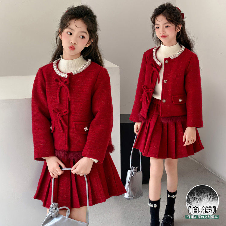 女童红色拜年服2025新款冬季儿童小香风裙子羽绒套装女孩新年服潮,童装/婴儿装/亲子装,羽绒内胆,淘宝优惠券,粉丝福利购,淘宝优惠卷