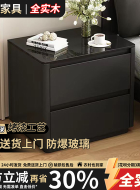 全实木黑色烤漆意式岩板床头柜抽屉柜轻奢实木床边柜高级感储物柜