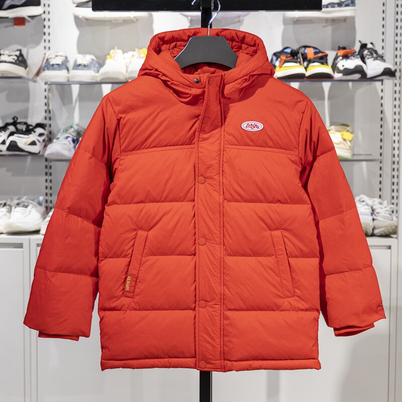 李宁儿童红色加厚羽绒服2025春季新年款女童男童连帽外套YYMV003