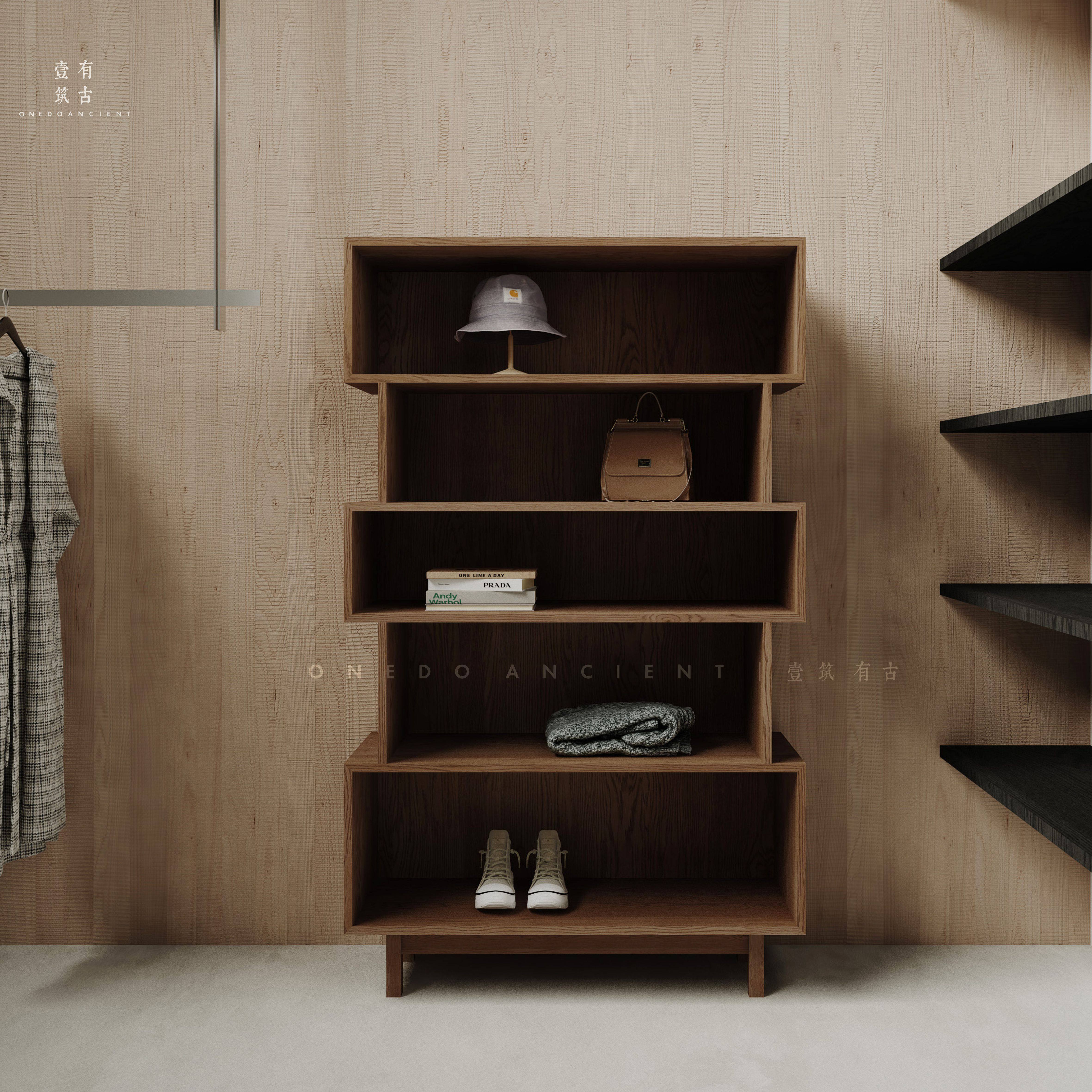 咖色鞋子柜靠墙展示多层柜功能包包鞋子样品产品书架格柜复古时尚