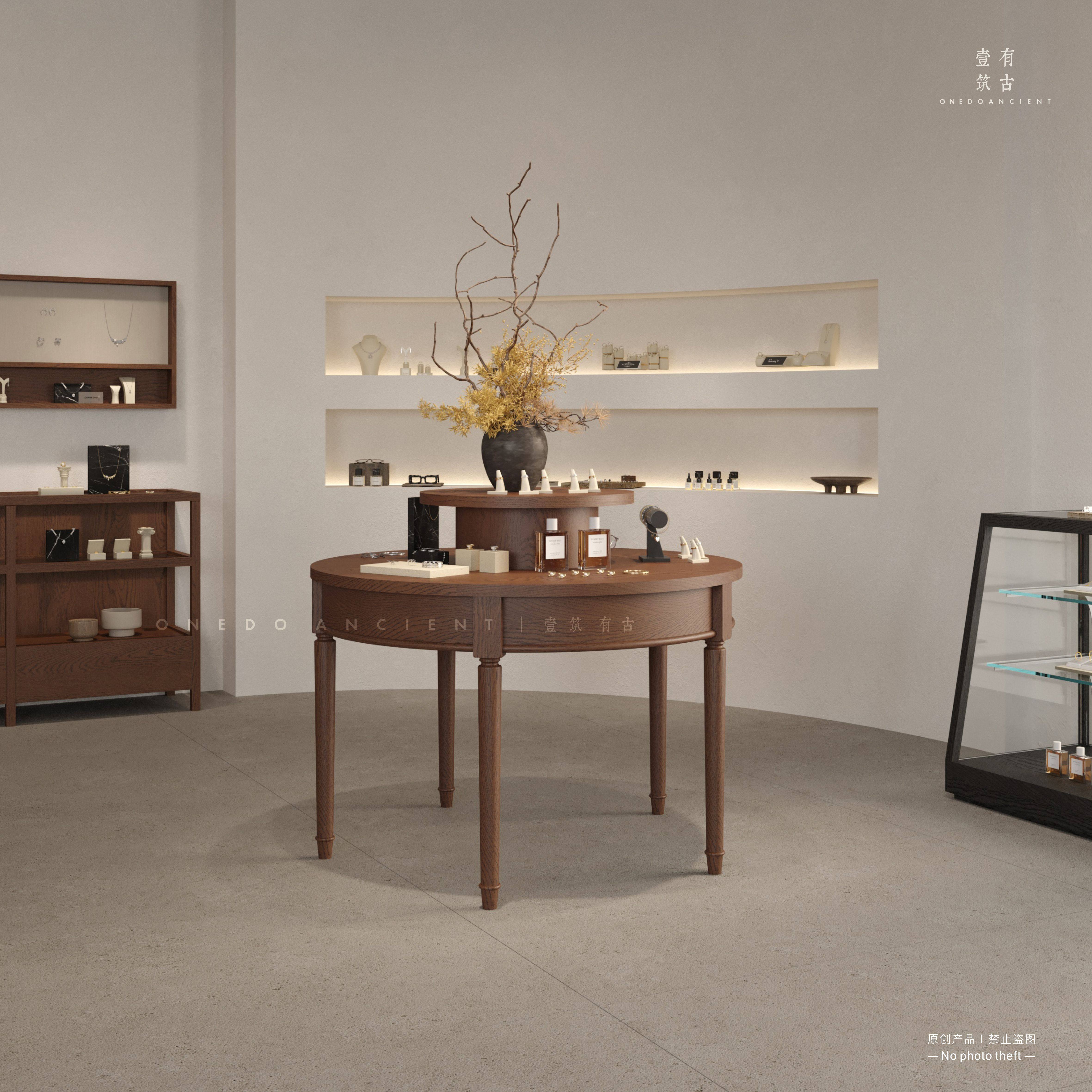 时尚复古木质中岛台展示台商业陈列道具设计感展示架高低圆形展桌
